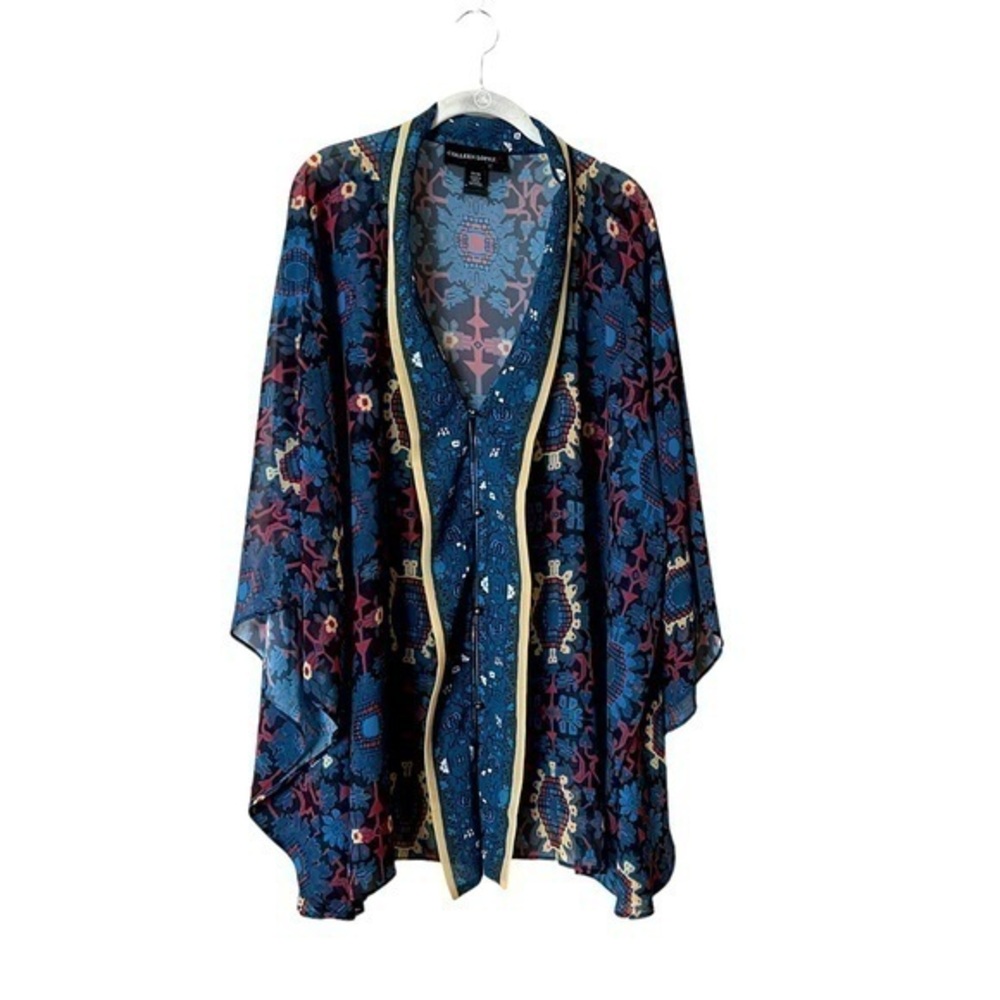 Colleen Lopez Semi-Sheer Button Down Batwing Blue Red Print Swimsuit Coverup